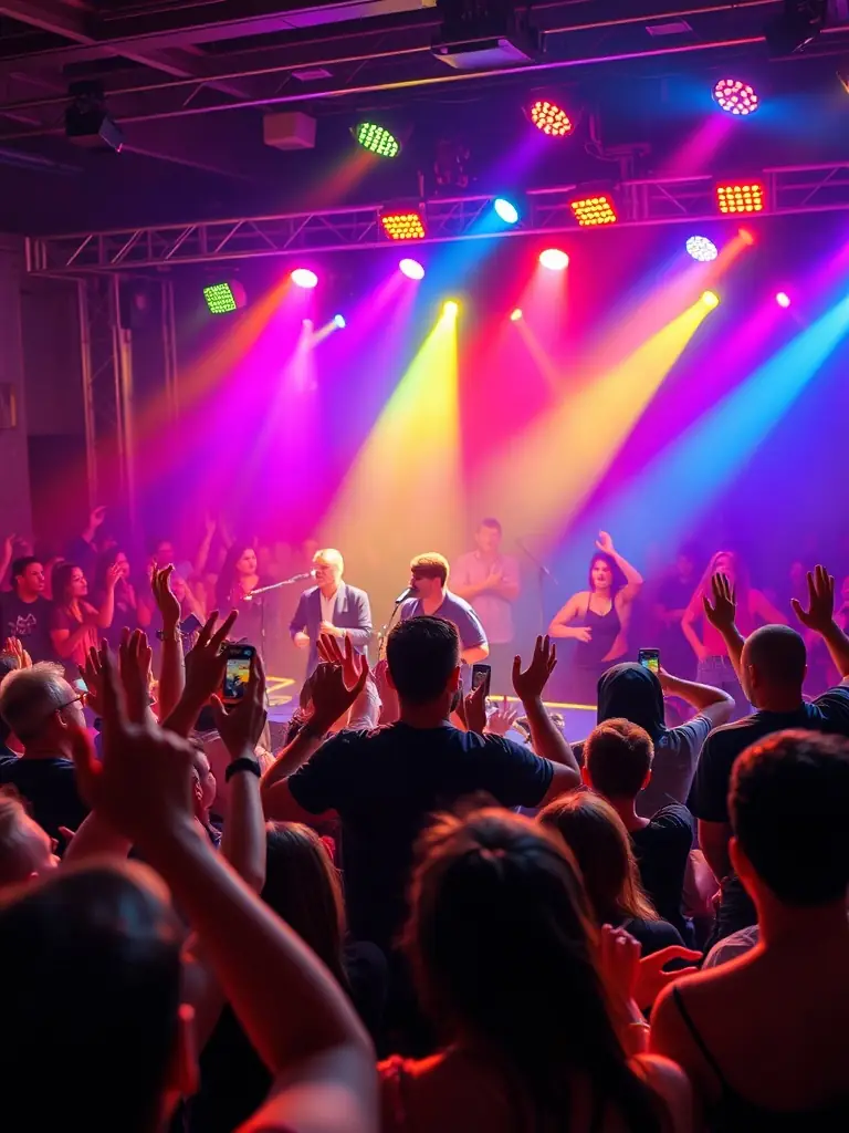 A vibrant photograph capturing a live music performance supported by ASSOCIATION LE CLAVIER, showcasing musicians on stage with engaged audience members in a community hall.