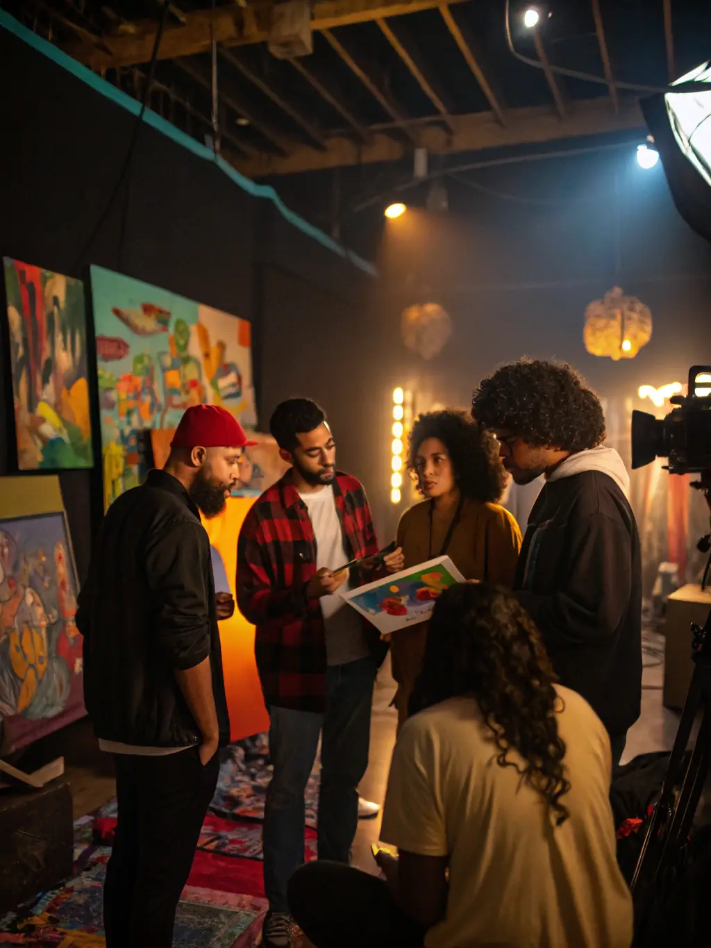 A vibrant image of a diverse group of artists collaborating on a theatrical set design, showcasing the collaborative spirit of ASSOCIATION LE CLAVIER's artistic project support program.