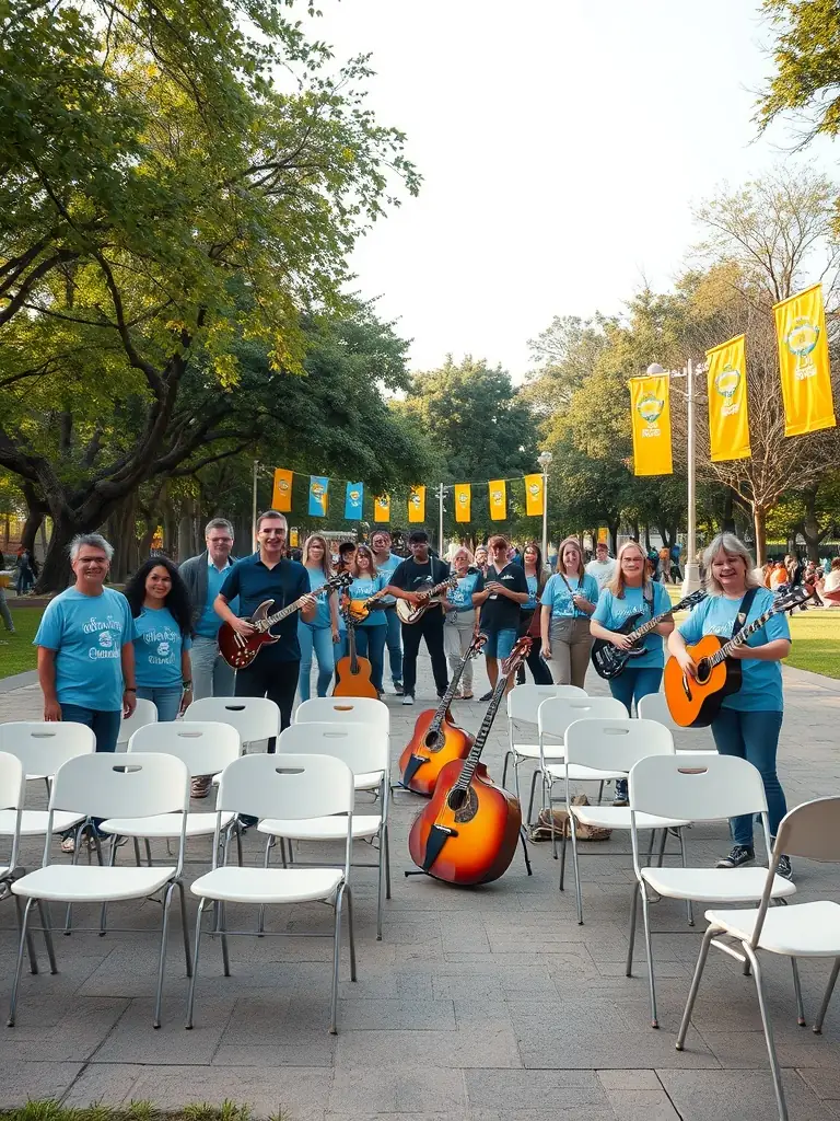 A photograph of a community outreach program by ASSOCIATION LE CLAVIER, showing volunteers setting up for an outdoor performance in a local park.