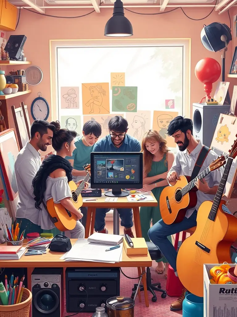 A dynamic image of artists from different disciplines (music, dance, theater) brainstorming and sharing ideas in a collaborative workspace, symbolizing the synergy and innovation fostered by the organization.