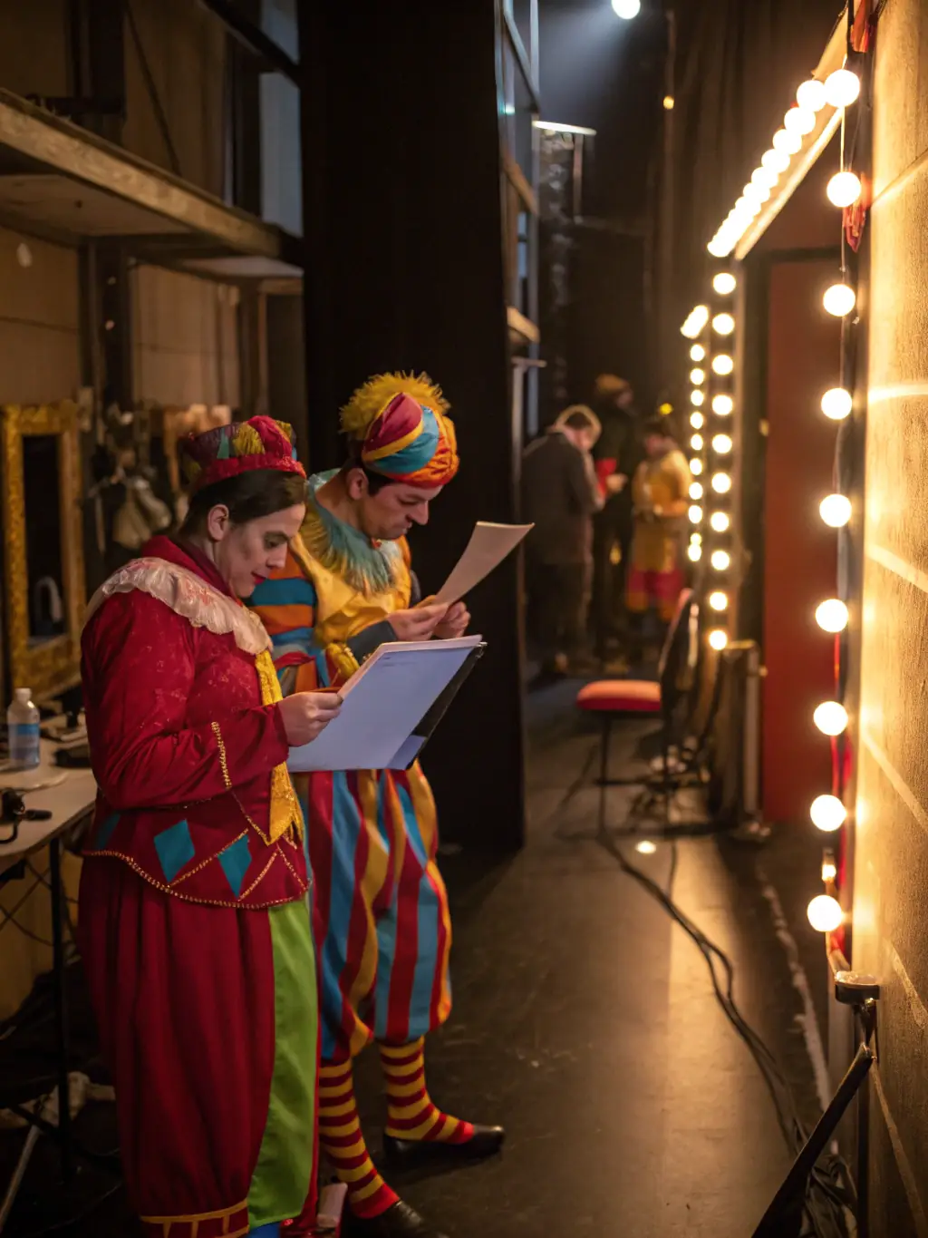 A vibrant image of a diverse group of artists collaborating on a theatrical stage setup, adjusting lighting and sound equipment, with a sense of teamwork and creative energy.