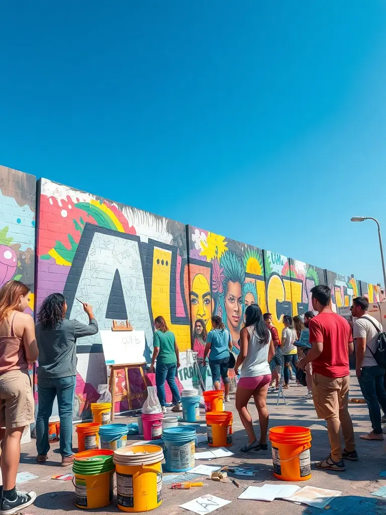 A picture of a collaborative art project facilitated by ASSOCIATION LE CLAVIER, featuring diverse artists working together on a mural in a public space.