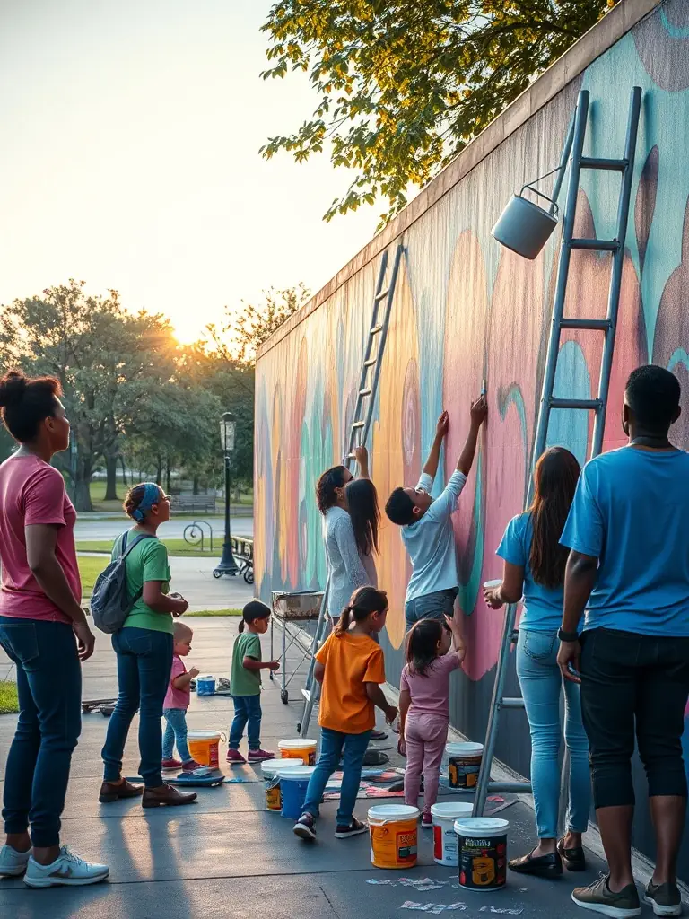 A photograph of artists collaborating on a public art installation, showcasing the community engagement aspect of ASSOCIATION LE CLAVIER's projects and the organization's commitment to strengthening cultural participation.