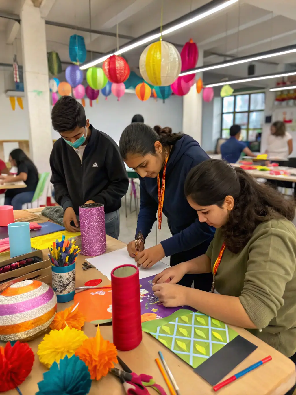 An image depicting a workshop setting where artists are learning new skills in stagecraft, such as set design or costume creation, guided by experienced instructors.