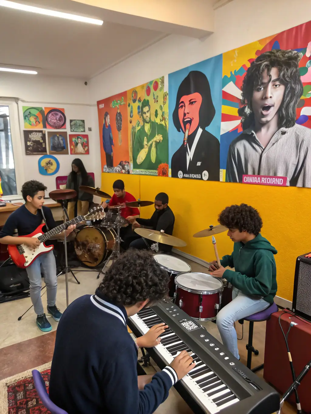 A vibrant photograph capturing a collaborative music workshop in progress, showcasing diverse participants engaging with various instruments and musical techniques, reflecting ASSOCIATION LE CLAVIER's commitment to accessible artistic education.